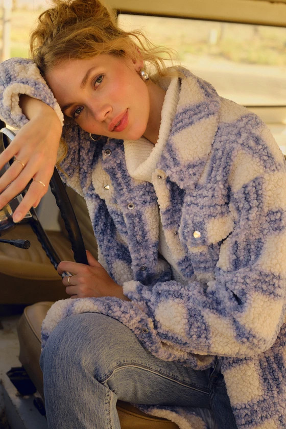 Winter Winds Blue Plaid Shearling Jacket | Lulus (US)