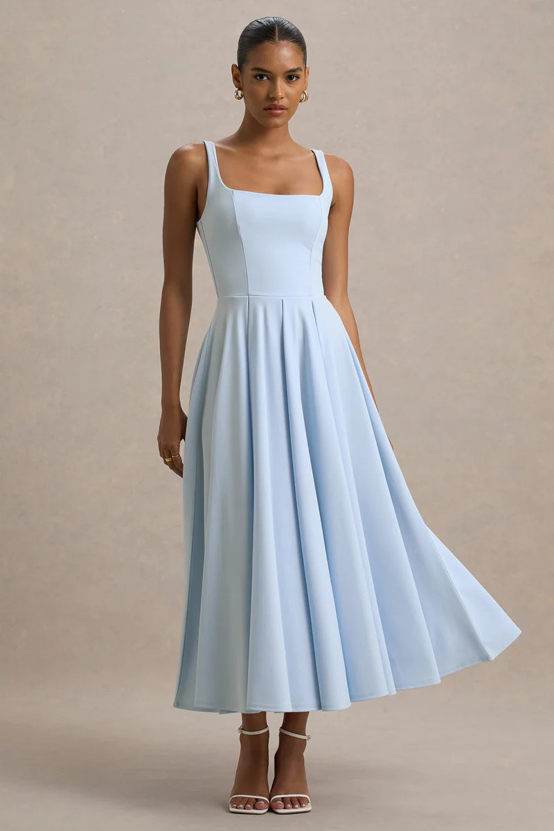 Parina  Powder Blue Strappy Volume-Hem Midi Dress | Club L London