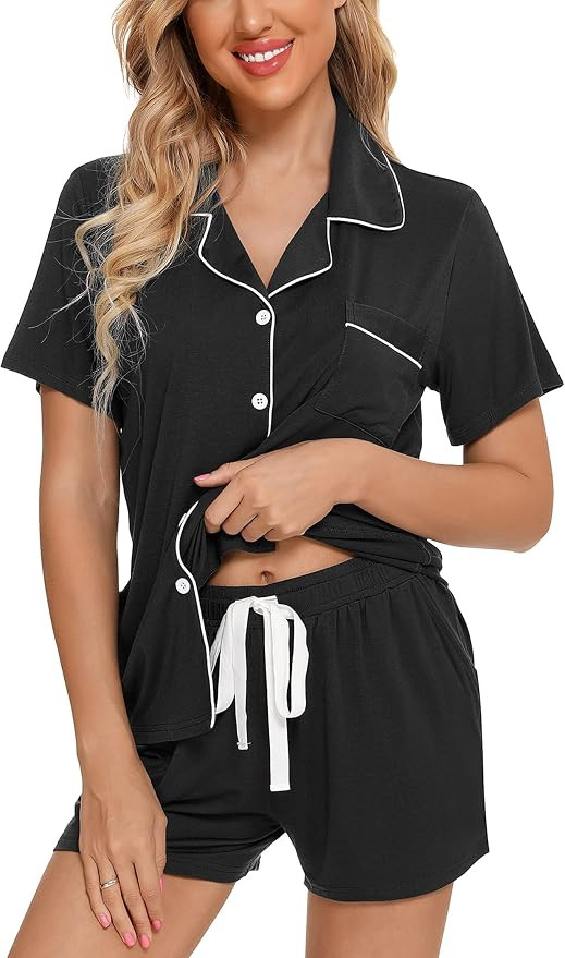 Leikar Womens Button Down Pajama Sets Bride Pajamas Sets Sleepwear Shorts Lounge Set | Amazon (US)