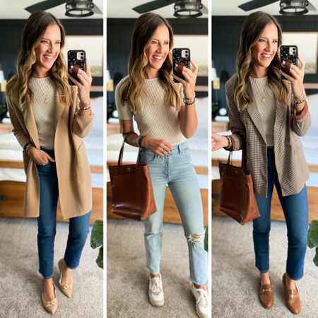 Fall Capsule Wardrobe 

Ribbed sweater top - small 
Sweater blazer - small
Dark wash jeans - 26 long 
Light wash jeans - 26 long 
Plaid blazer - small
All shoes are tts and I’m linking similar sneakers 

#LTKstyletip #LTKFind #LTKunder100