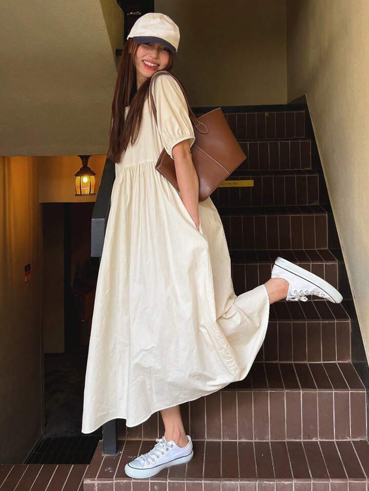 DAZY Solid Puff Sleeve Smock Dress | SHEIN