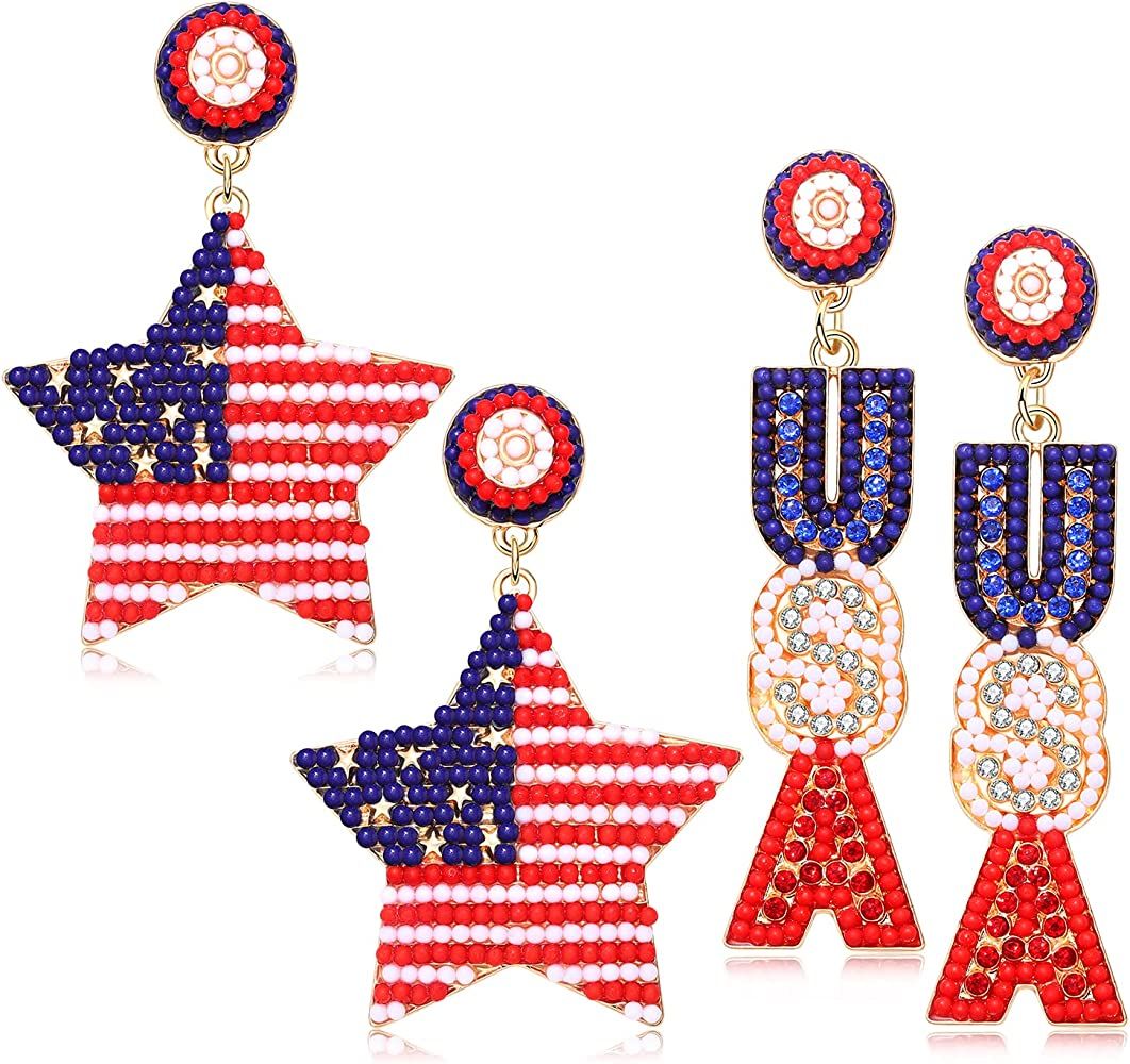 NLCAC USA Earrings Beaded American Flag Stars Ice Cream Drop Dangle Earrings 4th of July Patrioti... | Amazon (US)