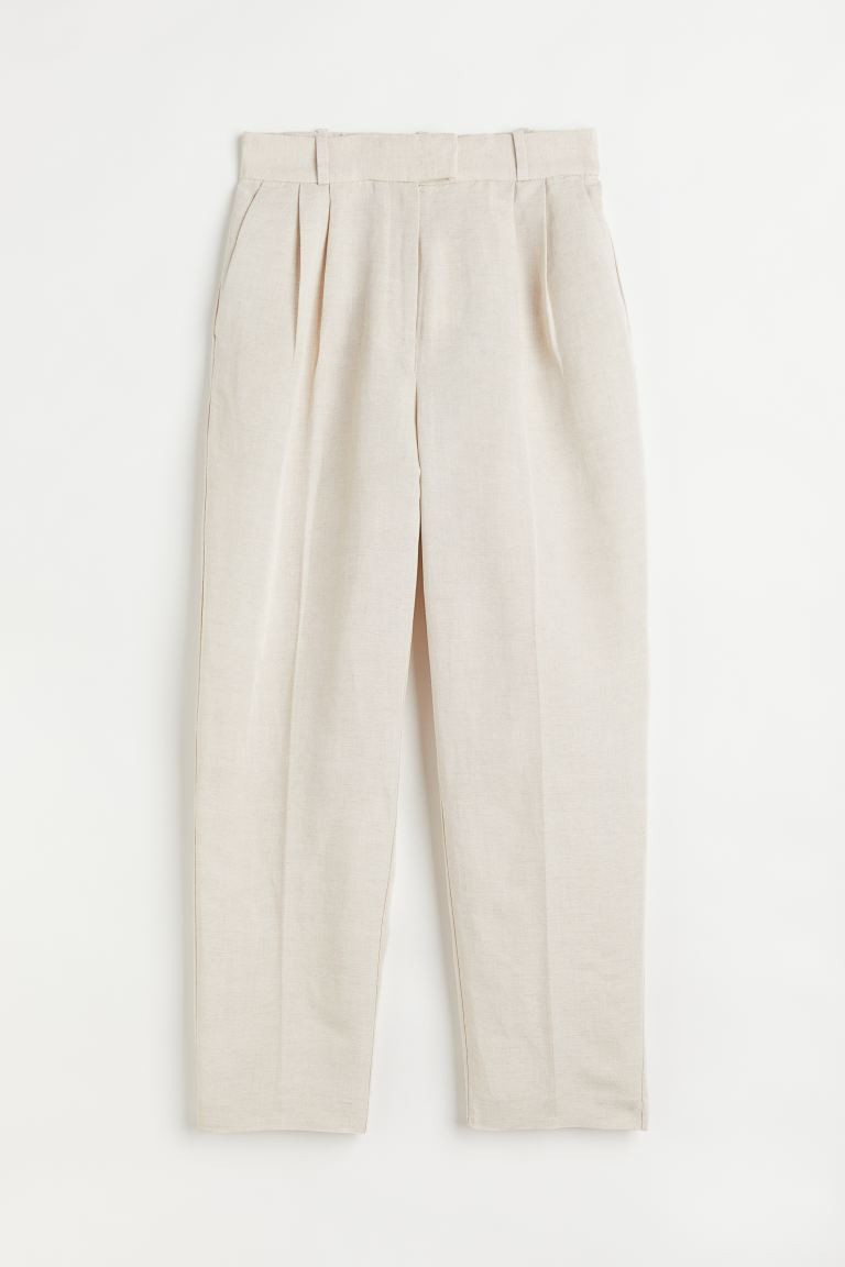 Ankle-length trousers in woven fabric. High waist with pleats at the front and covered elasticati... | H&M (UK, MY, IN, SG, PH, TW, HK)