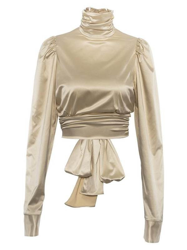 Turtleneck Backless Long Sleeve Tie Back Womens Blouse | TBDress.com