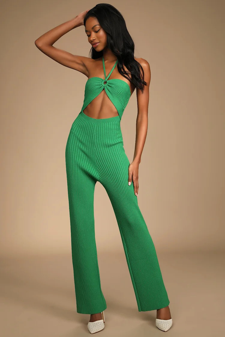 Lazy Vibes Green Ribbed Cutout Halter Lounge Jumpsuit | Lulus (US)