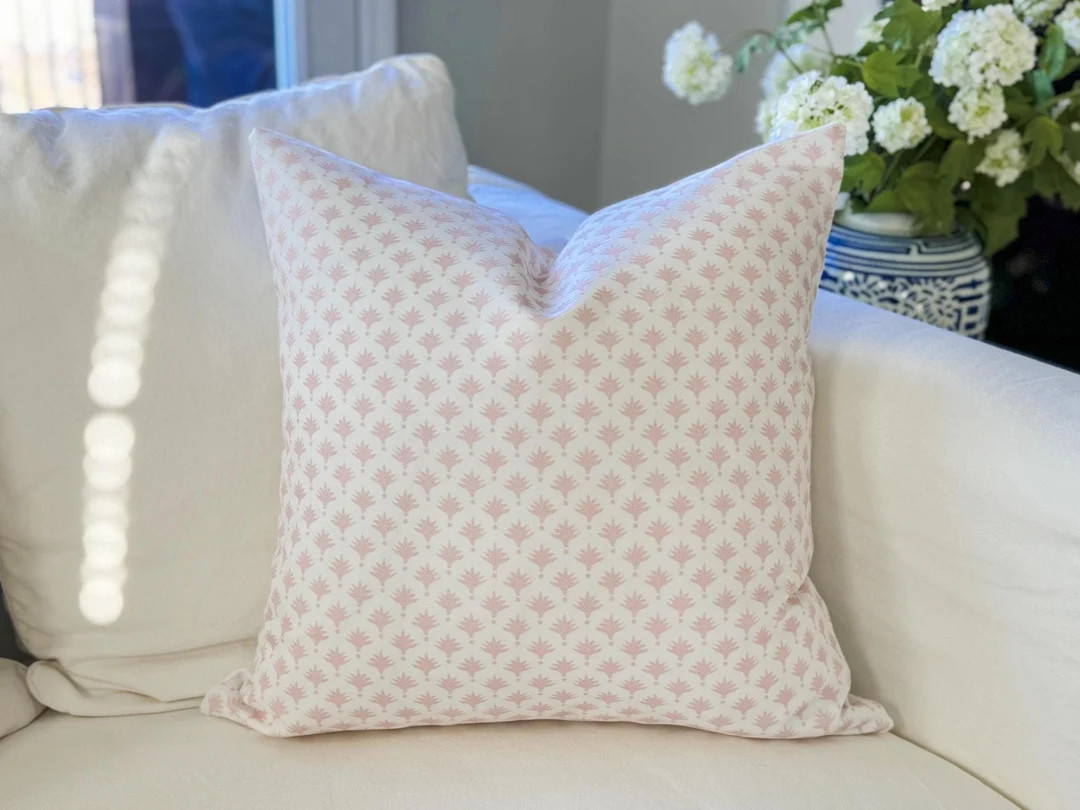Danika Herrick Pink Tiny Palms Floral Block Print Pillow Cover - Grandmillenial Decor - Etsy | Etsy (US)