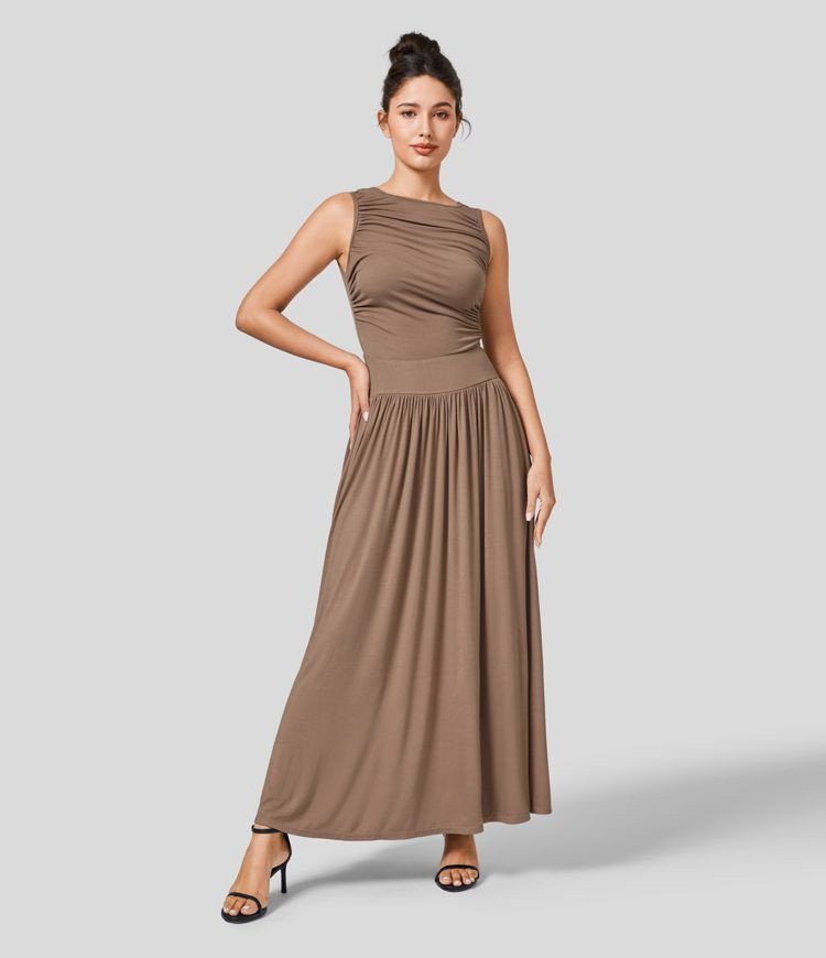 Women’s Ribbed Boat Neck Ruched Side Pocket Flowy Maxi Casual Dress - Halara | HALARA