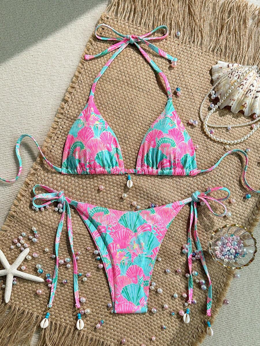 Swim Mod 2pcs/Set Women Summer Beach Vacation Casual Printed Ribbed Texture Shell Accent Halter T... | SHEIN