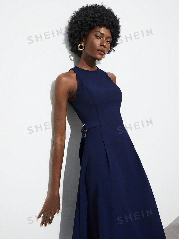 SHEIN Maija Ladies' Solid Color Round Neck A-Line Casual Dress With Waistline | SHEIN