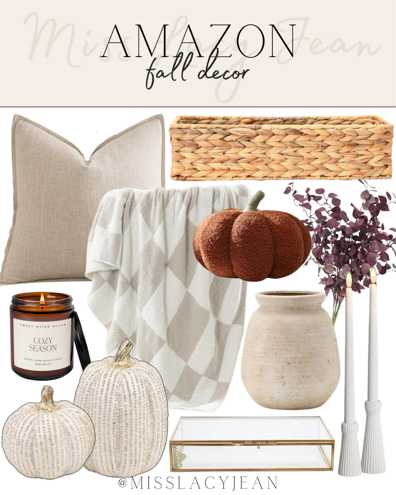 Amazon fall home decor includes vase, fall stems, candle stick holder, decorative box, decorative pumpkins, throw blanket, pumpkin pillow, throw pillow, woven basket.

Home decor, fall home decor, Amazon home finds, looks for less

#LTKStyleTip #LTKHome #LTKFindsUnder100