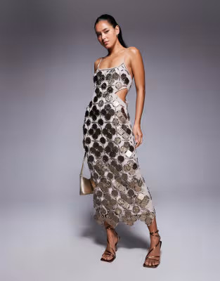ASOS DESIGN grid embellished cutwork midi dress in pewter | ASOS | ASOS (Global)