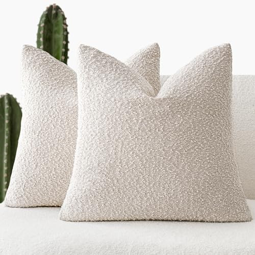 Foindtower Set of 2, Decorative Textured Boucle Throw Pillow Covers Accent Solid Pillow Cases Neutral Cozy Couch Cushion Case for Chair Sofa Bedroom Living Room Home Decor 24 x 24 Inch Ivory Beige | Amazon (US)