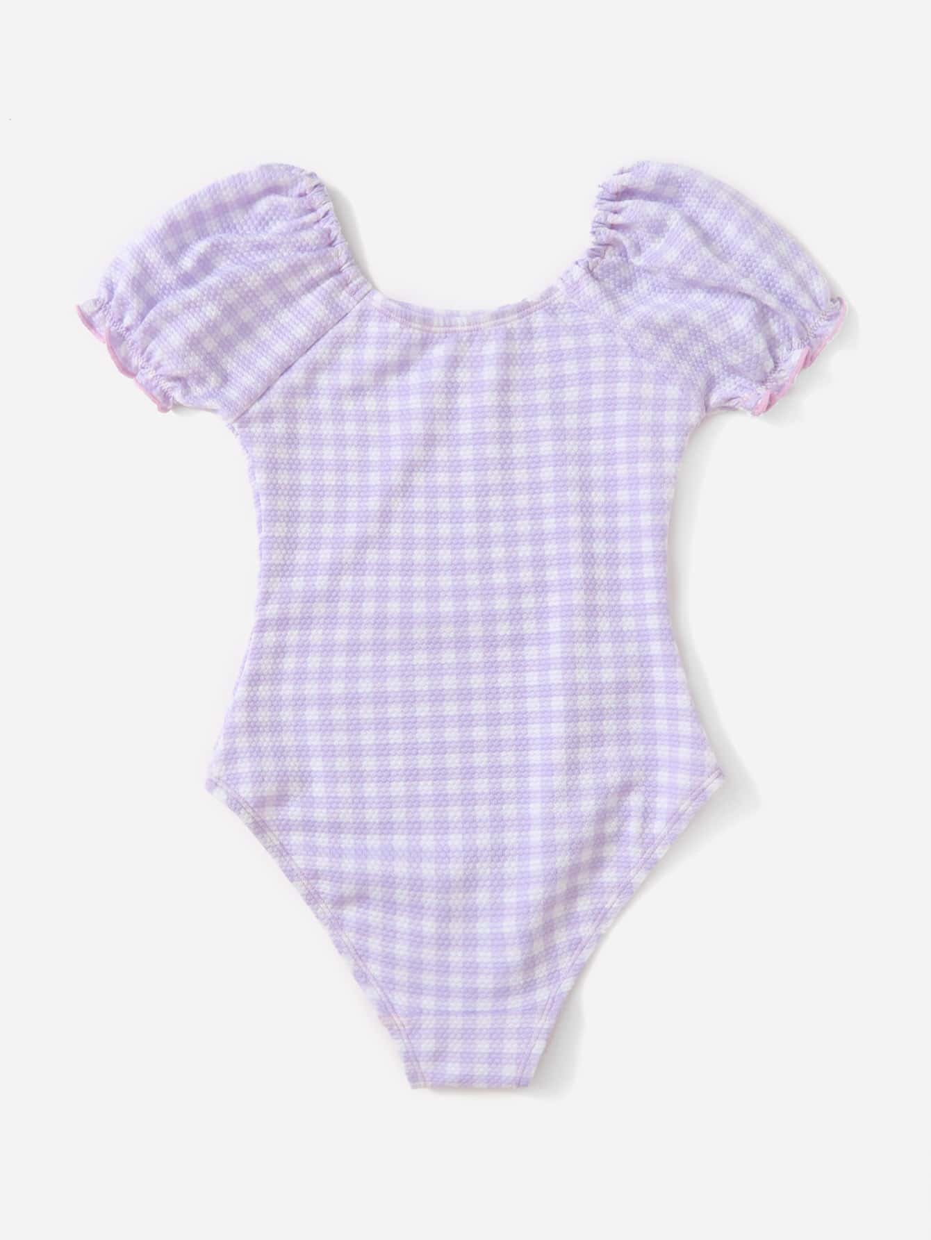 Toddler Girls Plaid Lettuce Trim One Piece Swimsuit | SHEIN