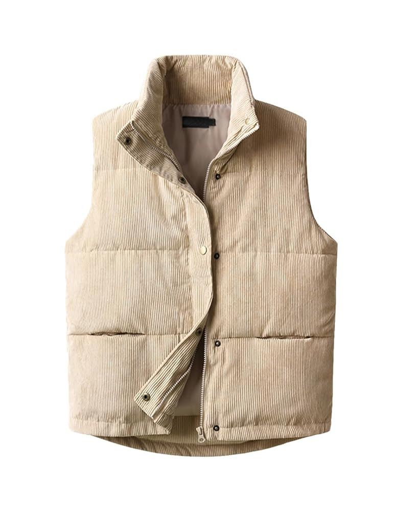 Womens Corduroy Puffer Vest Sleeveless Stand Collar Zip Up Snap Lightweight Jacket Padded Gilet O... | Amazon (US)