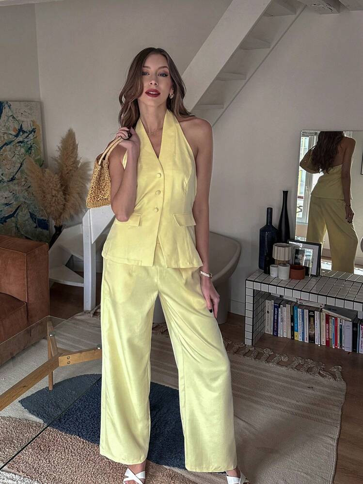 Pariaura 1 conjunto de top sin mangas con botones delanteros y pantalones de verano color amarill... | SHEIN