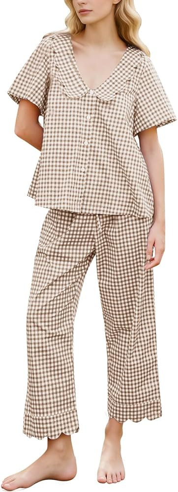 Kissonic Womens Gingham Pajama Set 2 Piece Ruffle Plaid Babydoll Pjs Cotton Button Down Fall Cute... | Amazon (US)