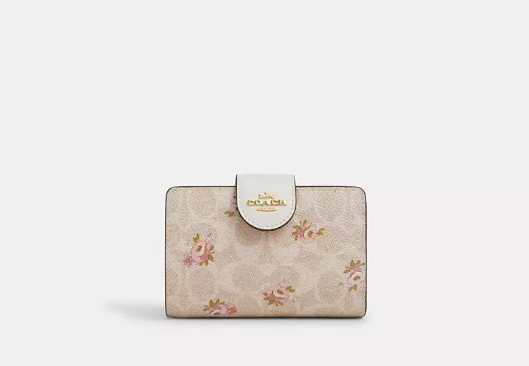 Coach Outlet Medium Corner Zip Wallet In Signature Canvas With Floral Print - Beige, Size: Mini | Coach Outlet US