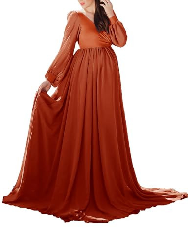 Maternity Dress Photoshoot for Baby Shower V Neck Long Gown with Split Patchwork Photography Pregnancy 2024(Rust M) | Amazon (US)