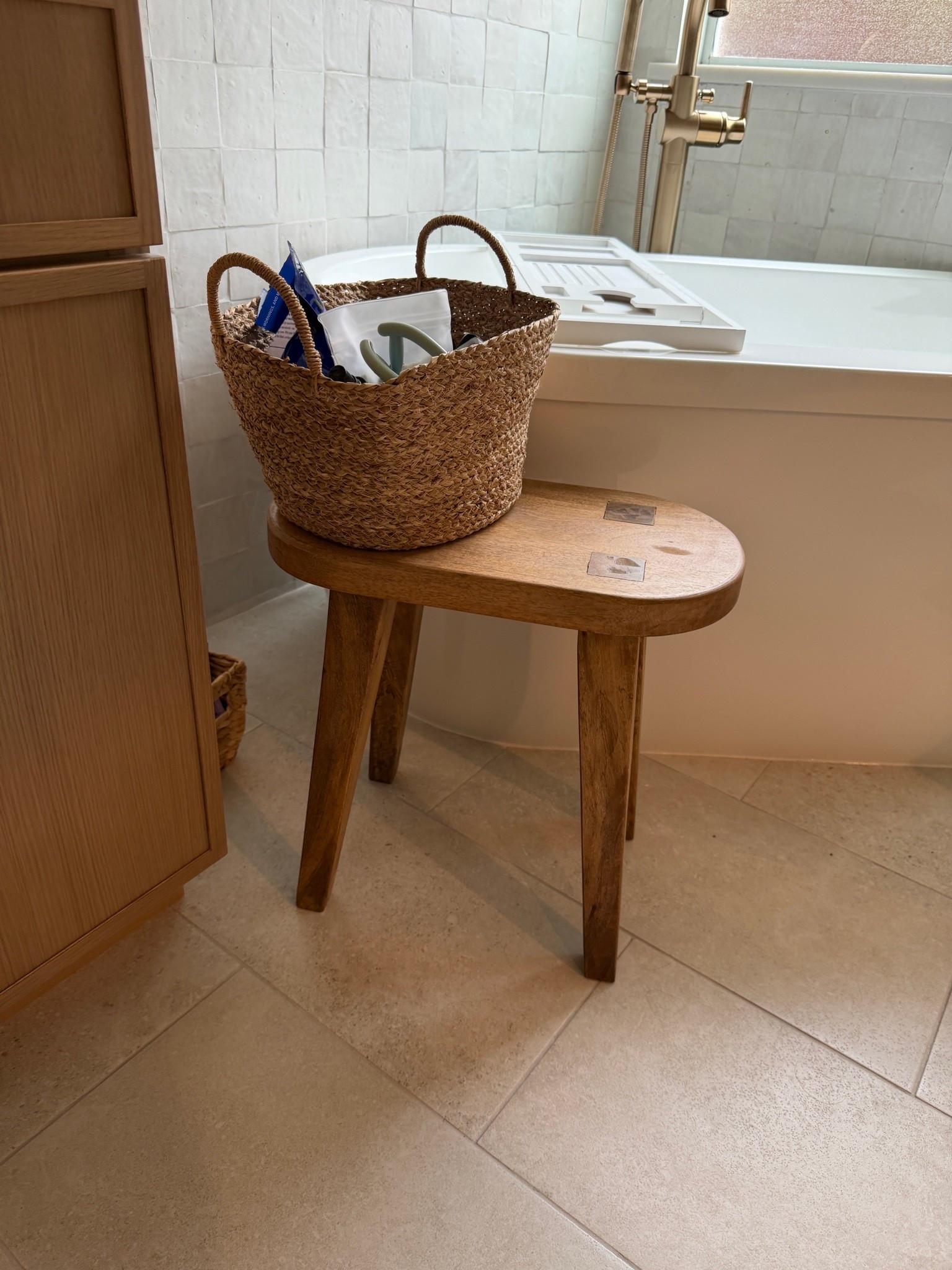 Bathroom wood stool on sale this weekend! 🤎 neutral bathroom styling

#LTKHome
