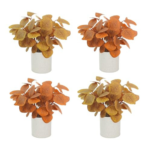 Prashent 4 Pcs Artificial Fall Flowers Autumn Mini Plants with Vase Fake Potted Plants Eucalyptus Leaves Decor for Home Table Mantel Office Wedding Harvest Thanksgiving | Amazon (US)
