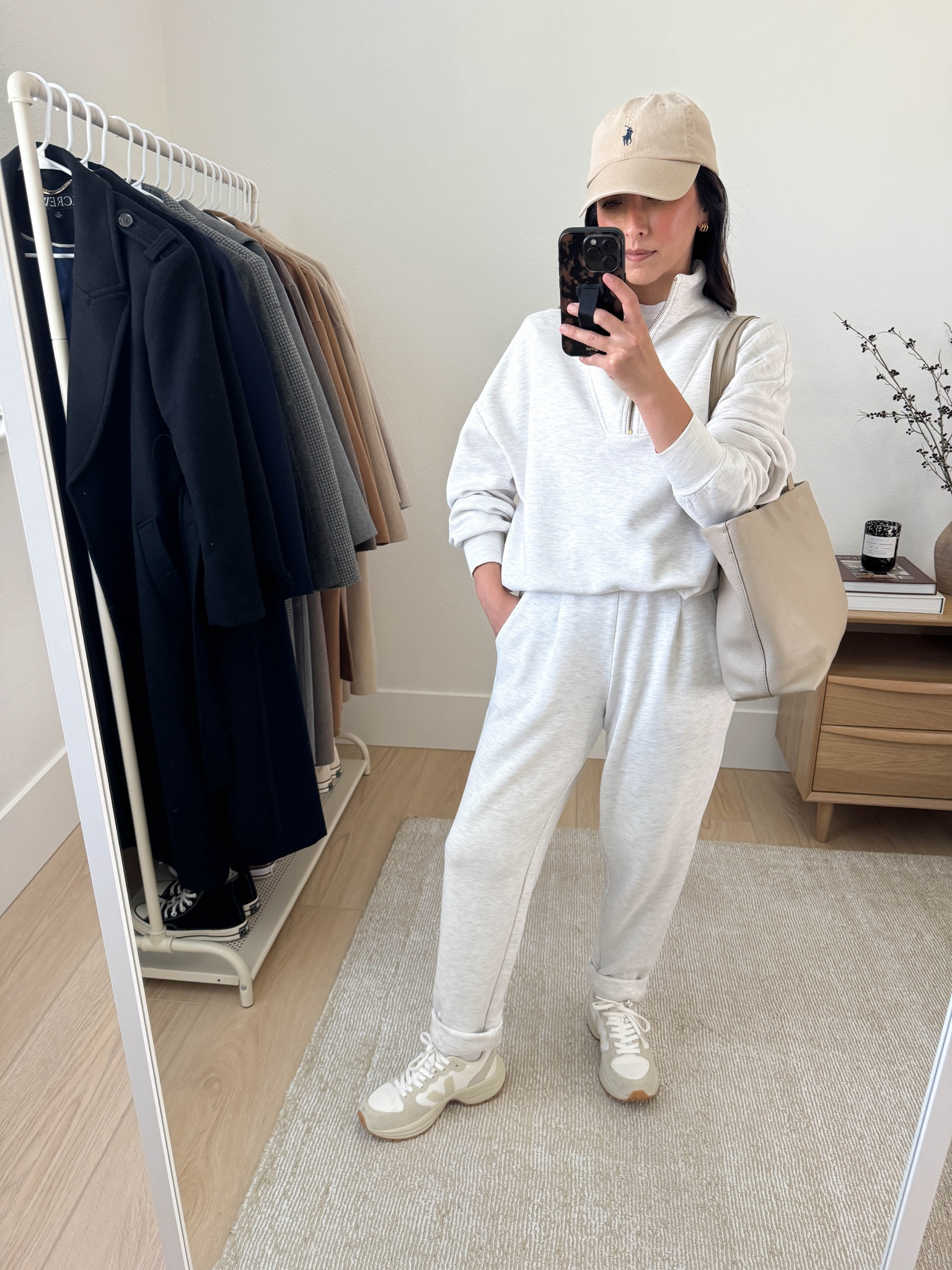 School drop off outfit ideas. Mom-life outfits. Varley sets are my go-to don't have to think about outfits. Elevated but great for running after your kids or driving them around. 

Varley pullover xs
Varley cuff pants 25" xs
Veja sneakers 37, run very small
Cuyana tote small in Stone
Polo Ralph Lauren hat
Everlane tee medium

#LTKSeasonal #LTKActive #LTKPetite