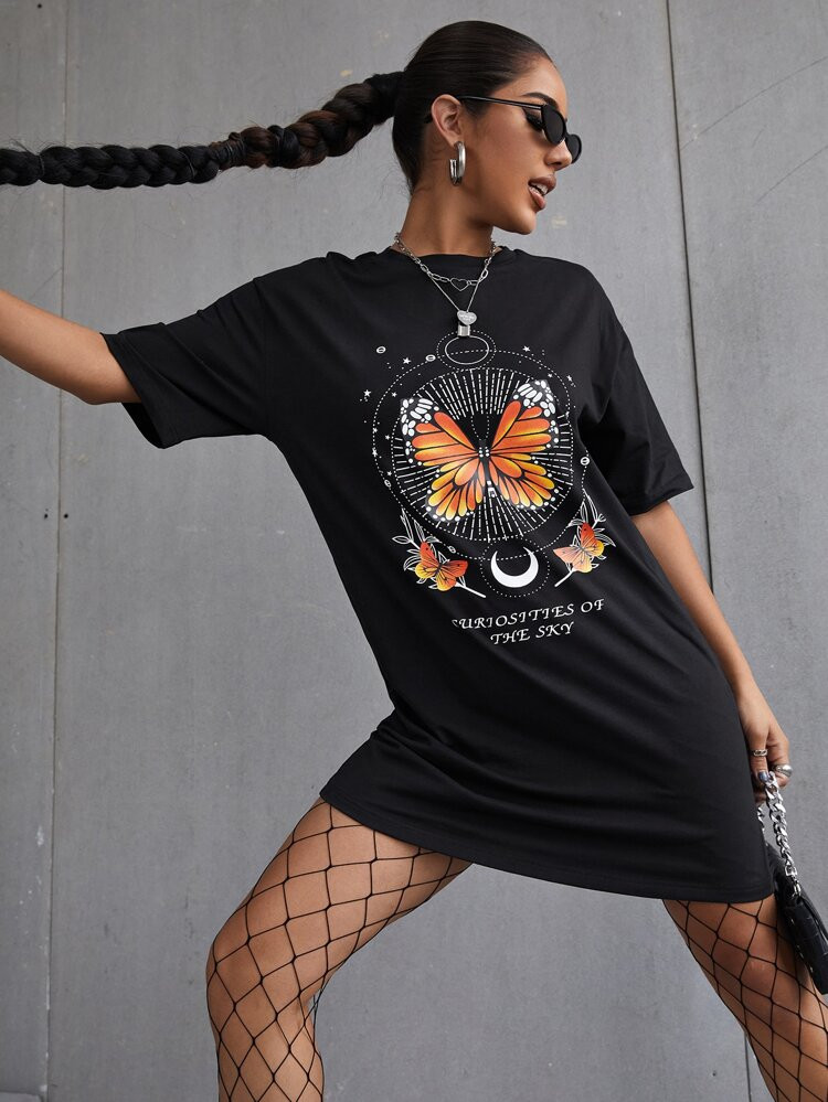 Butterfly And Slogan Graphic Tee Dress | SHEIN