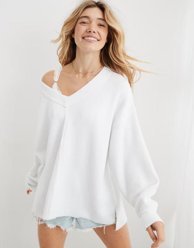 Aerie Wonder Textured V-Neck Sweatshirt | Aerie