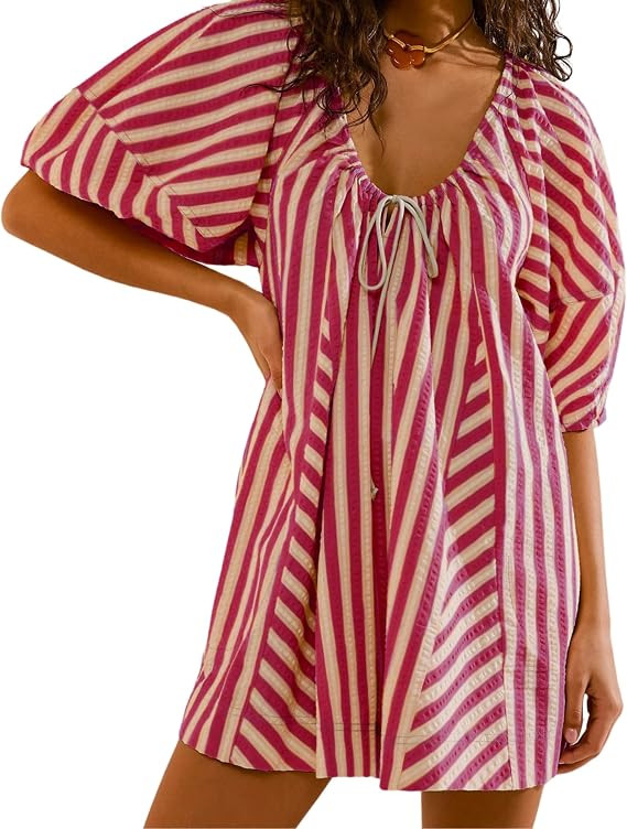 Athlisan Womens Striped Romper Casual Loose Puff Sleeve Wide Leg Jumpsuit Overall with Pockets | Amazon (US)