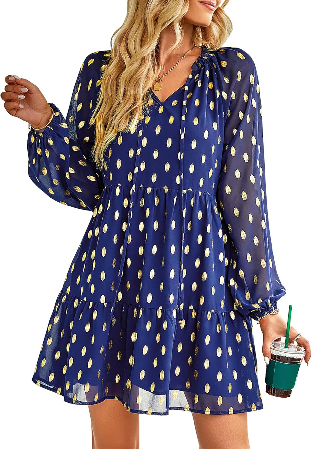 KIRUNDO Fall 2022 Women's Long Sleeve V Neck Ruffle Polka Dot Mini Dress Casual Loose High Waist ... | Amazon (US)