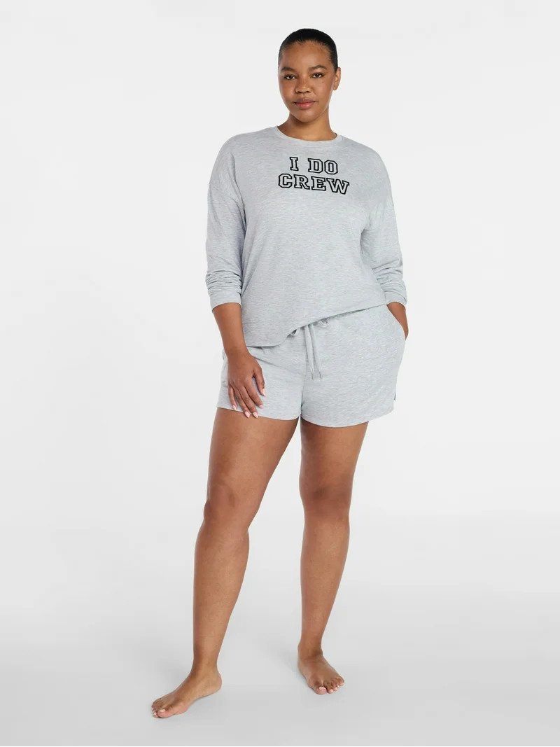 Joyspun Women's Bridal French Terry Knit Long Sleeve Top and Shorts Pajamas Set, Sizes XS-3X | Walmart (US)