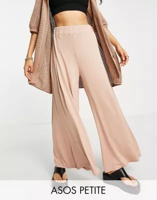 ASOS DESIGN Petite jersey palazzo beach pants in cream | ASOS (Global)