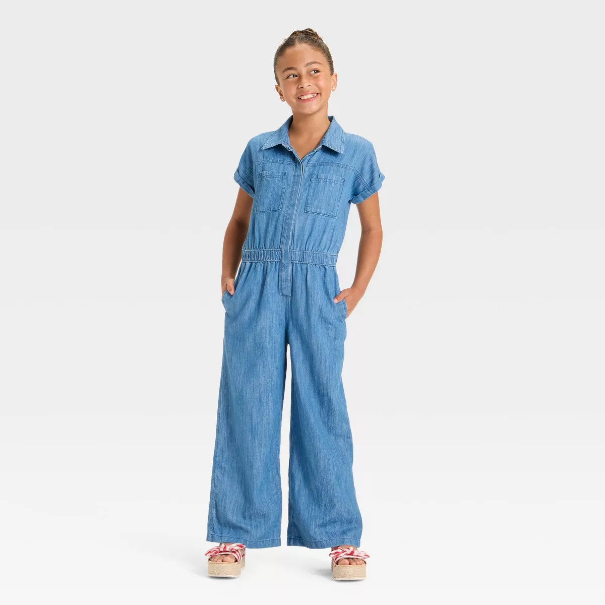Girls' Short Sleeve Jumpsuit - Cat & Jack™ Blue Denim | Target