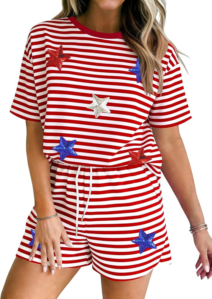 4th of July 2 Piece Outfits for Women Patriotic Shirts USA Short Sets Sequin Stars and Stripes Lo... | Amazon (US)
