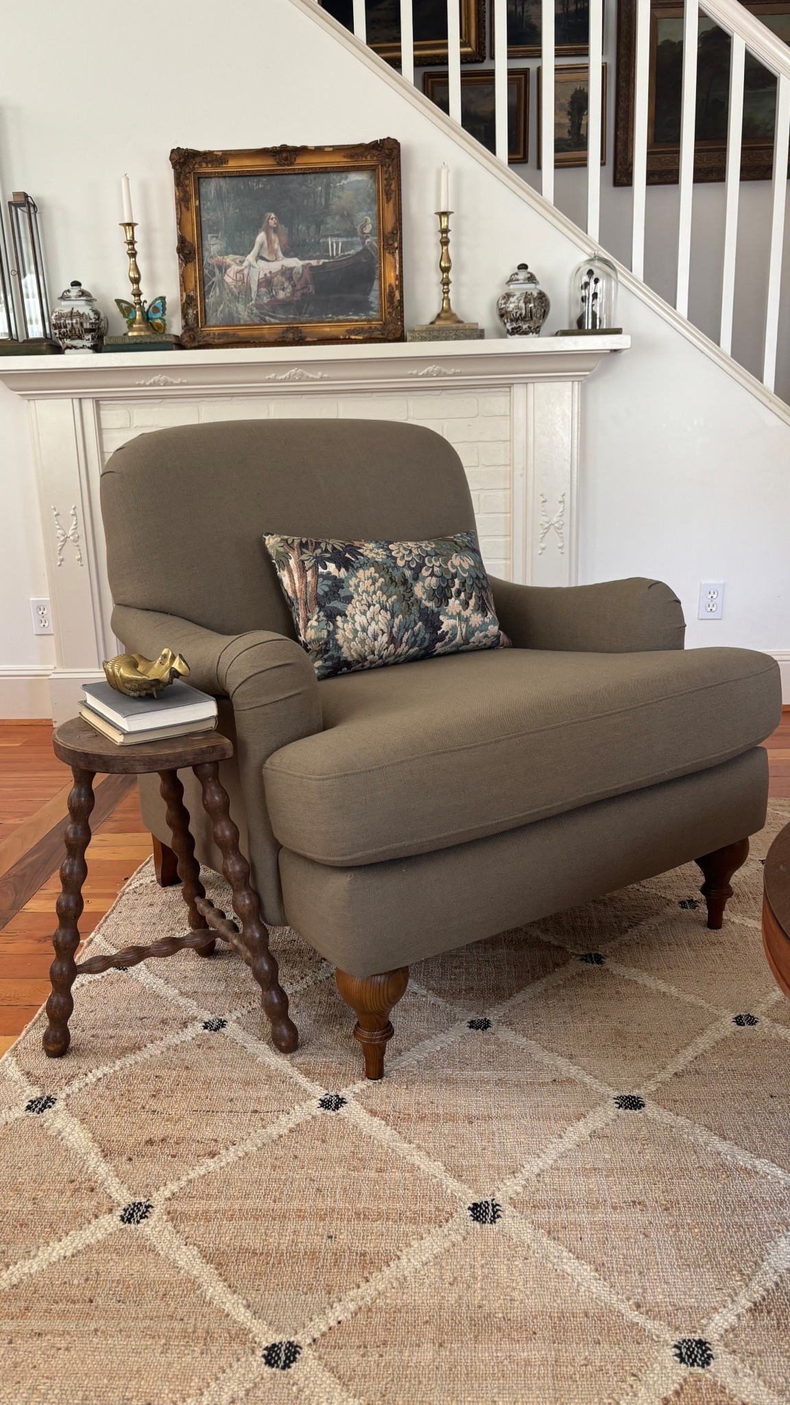 English roll arm chair, green chair, olive chair, bobbin milking stool, vintage, lady of shallot, tapestry, verdure, jute rug 

#LTKHome