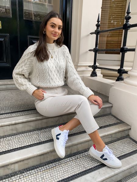 Tonal outfit 🤍 Cable knit jumper, high waist trousers, veja trainers

#LTKstyletip #LTKSeasonal