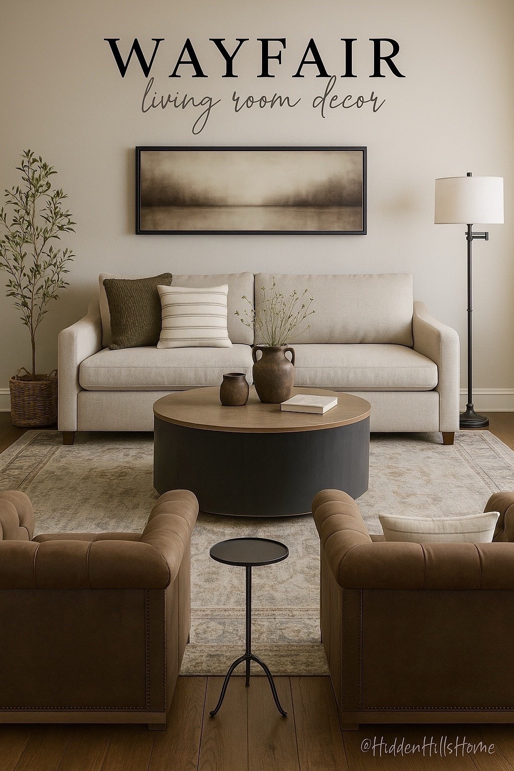 Cozy living room decor mood board! Way day sale finds, coffee table, accent chairs, living room design, rug, tree #livingroom

#LTKSaleAlert #LTKSeasonal #LTKHome