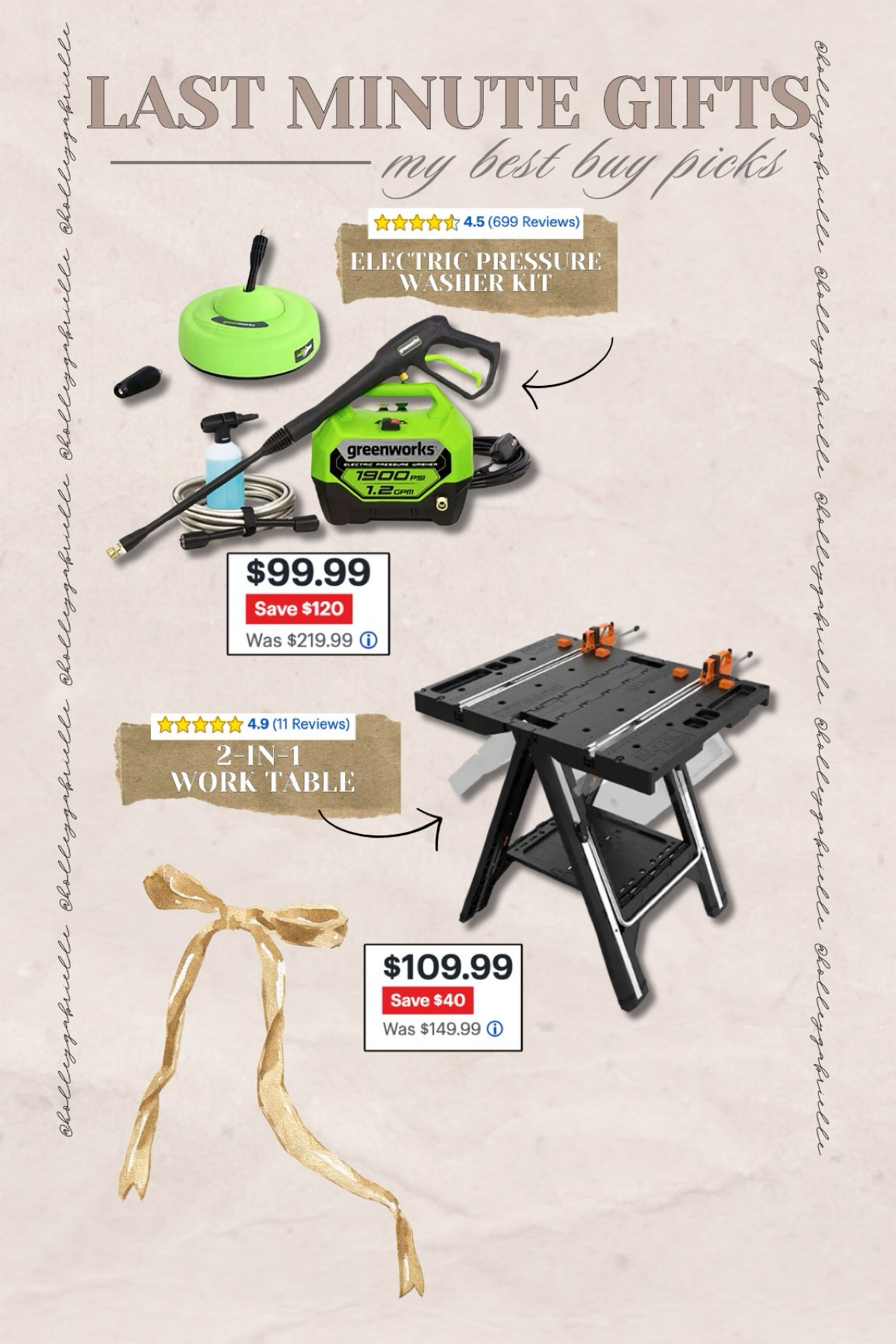 Some of my fave last minute gift ideas from @bestbuy for the holidays still on sale 🤎✨🎁 several at home options but these are my top two picks! Can’t say enough good things about having a pressure washer at home & a work table for all the DIY🤓 #bestbuypartner 

Gift guide / greenworks / DIY / for him / for her / Best Buy / Christmas shopping / Holley Gabrielle 

#LTKSaleAlert #LTKHoliday #LTKGiftGuide