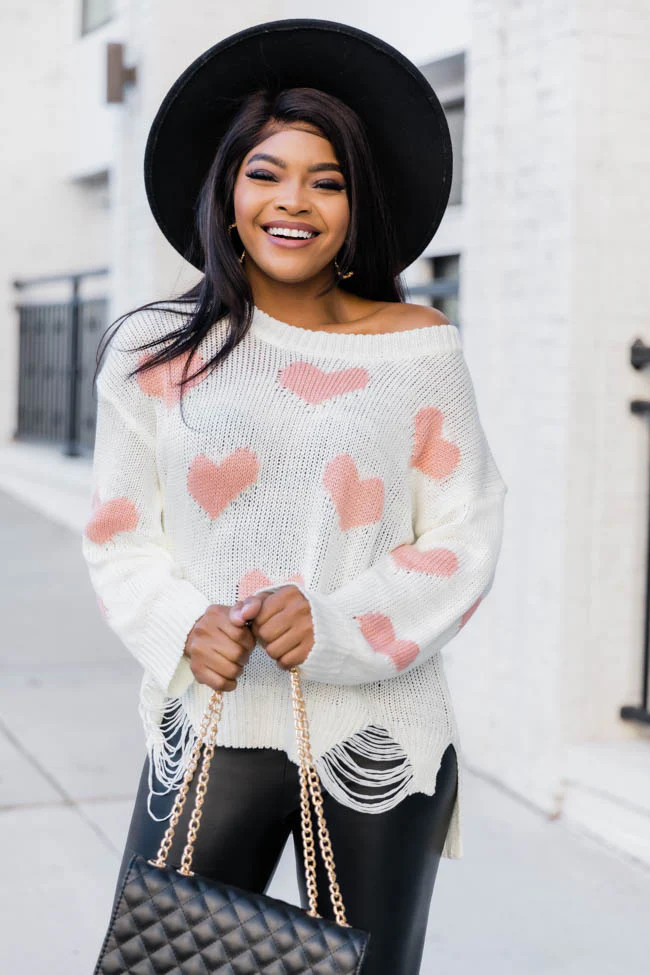 Simply Sweet Distressed Heart Ivory Sweater | The Pink Lily Boutique