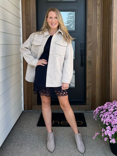 This shacket or shirt jacket from H&M is a soft brushed wool, feel expensive and style beautifully over most anything! I’m wearing it here over a dress so th booties. #shacket #shirtjacket

#LTKunder50 #LTKstyletip #LTKworkwear