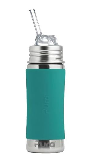 Pura Kiki 11oz/325ml Stainless Steel Straw Bottle w/Sleeve - 100% Plastic-Free, MadeSafe Certified, 100% Medical-Grade Silicone Straw for Kids, Toddlers, Preschoolers, Babies & Infant - New Mint | Amazon (US)