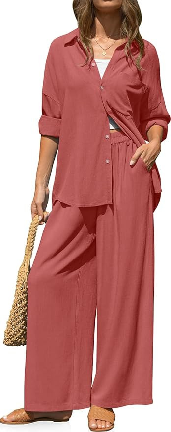 TARSE Women's Linen 2 Piece Outfits Casual Lounge Sets Long Sleeve Button Down Shirts Wide Leg Pa... | Amazon (US)