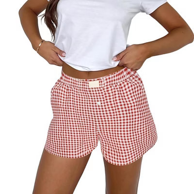 Women's Casual High Waisted Loose Wide Leg Fashion Plaid Shorts Comfortable Streetwear Short,red,Medium | Target