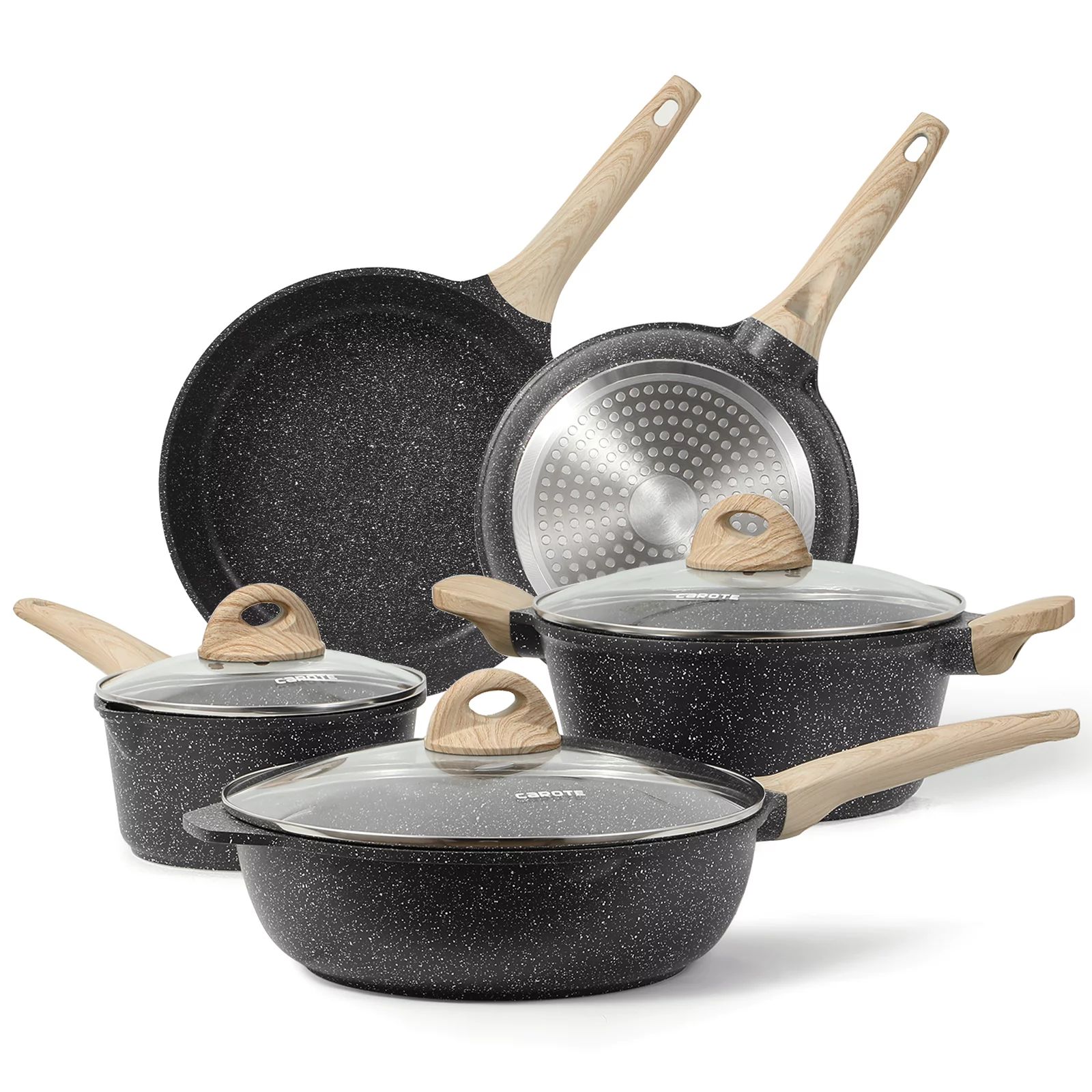 Carote Nonstick Pots and Pans Set, 8 Pcs Granite Stone Kitchen Cookware Sets (Black) | Walmart (US)