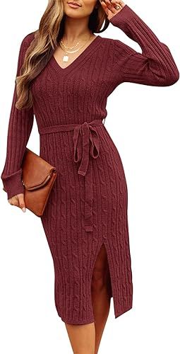 MEROKEETY Women's V Neck Cable Knit Sweater Dress Long Sleeve Bodycon Slit Pullover Midi Dress wi... | Amazon (US)