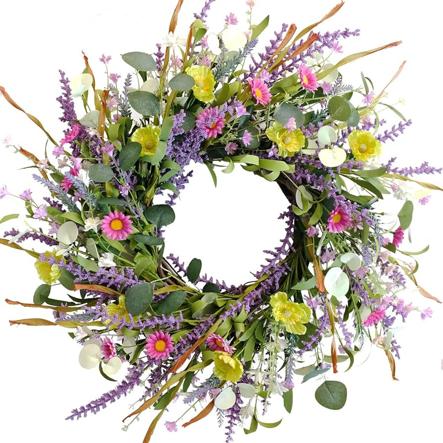 Idyllic 20 Inch Spring Summer Wild Flower Artificial Daisy Front Door Wreath, Everyday Greenery E... | Amazon (US)