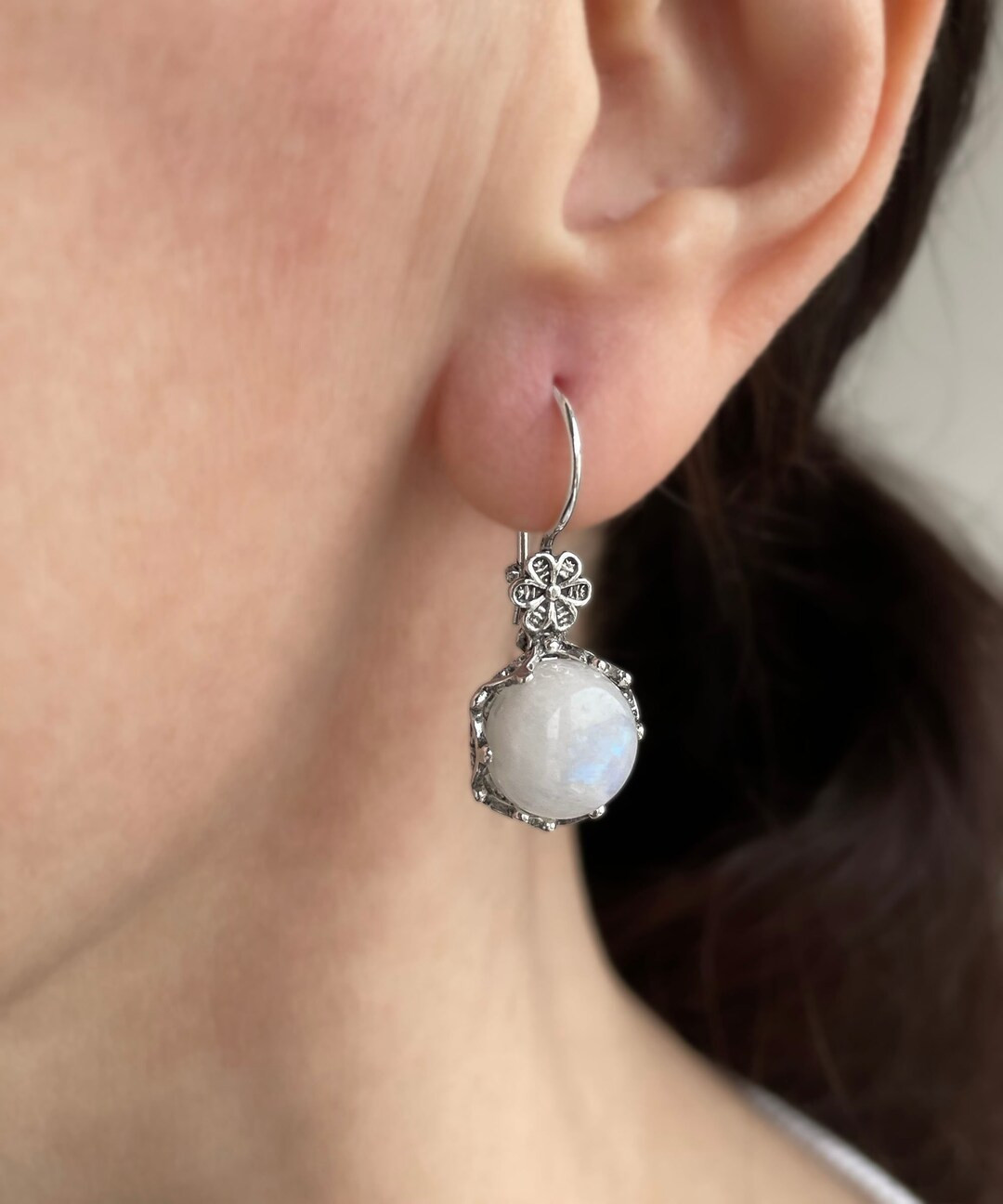 Moonstone Silver Filigree Boho Women Drop Earrings, 925 Sterling Silver, White Stone Handmade Dan... | Etsy (US)
