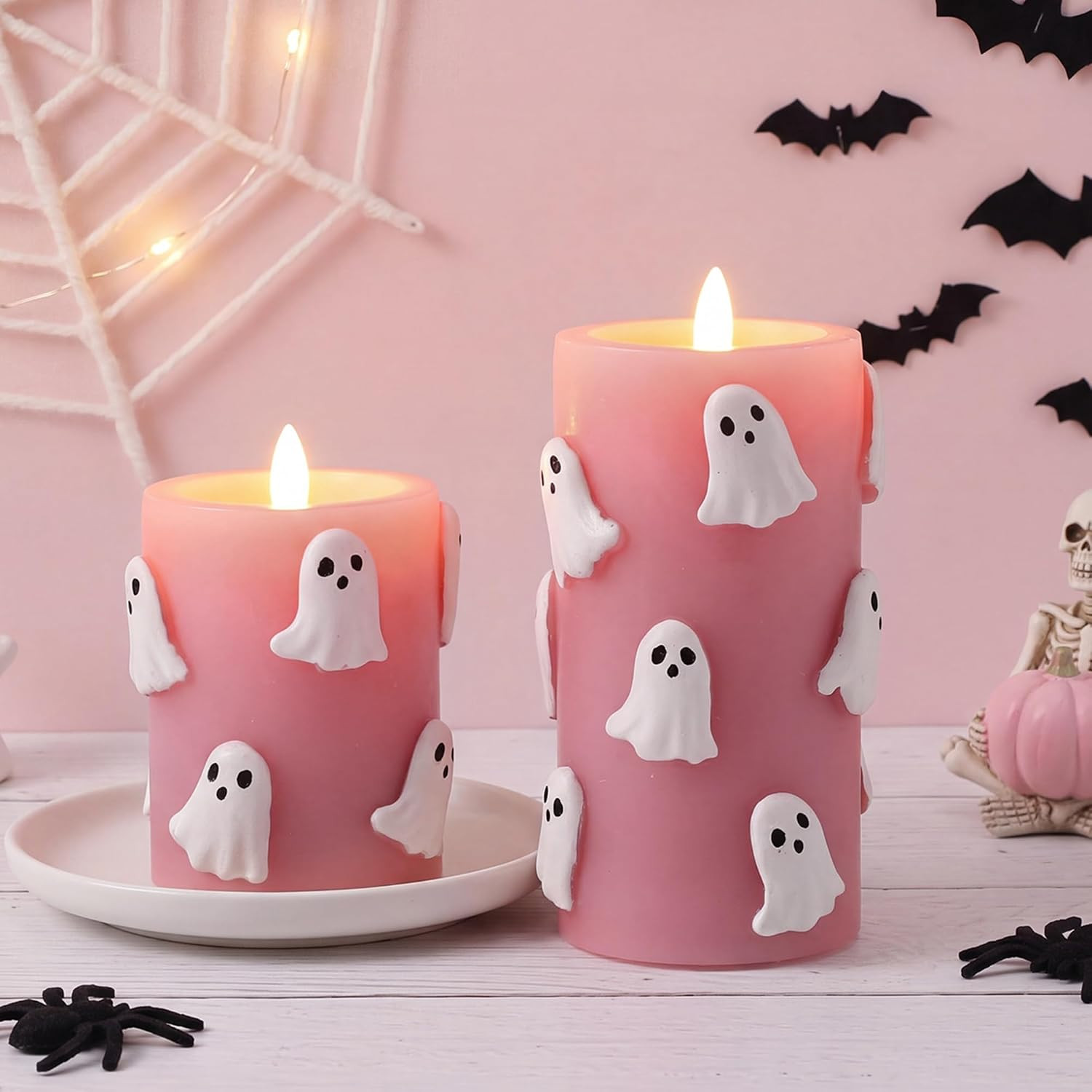 Glooglitter Pink Halloween Flameless Candles 3D Ghost LED Candle with Remote and Timer Spooky Boo Halloween Table Indoor Decor Gifts | Amazon (US)