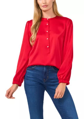 CeCe Women's Long Sleeve Henley Satin Blouse, Red, Large | Belk