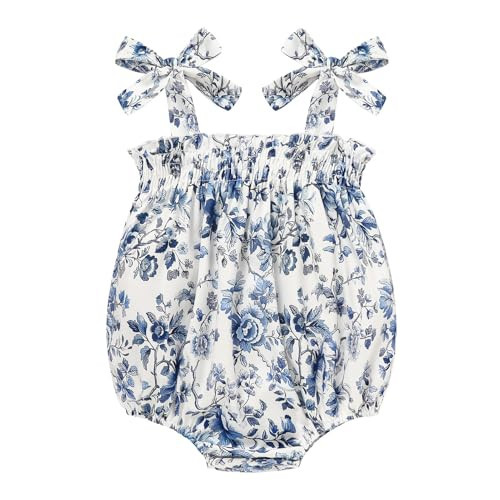 ZOELNIC Baby Girl Summer Clothes Newborn Girl Outfits Cute Strap Baby Girl Romper Jumpsuit Bodysuit Blue Flower 9-12 Months | Amazon (US)