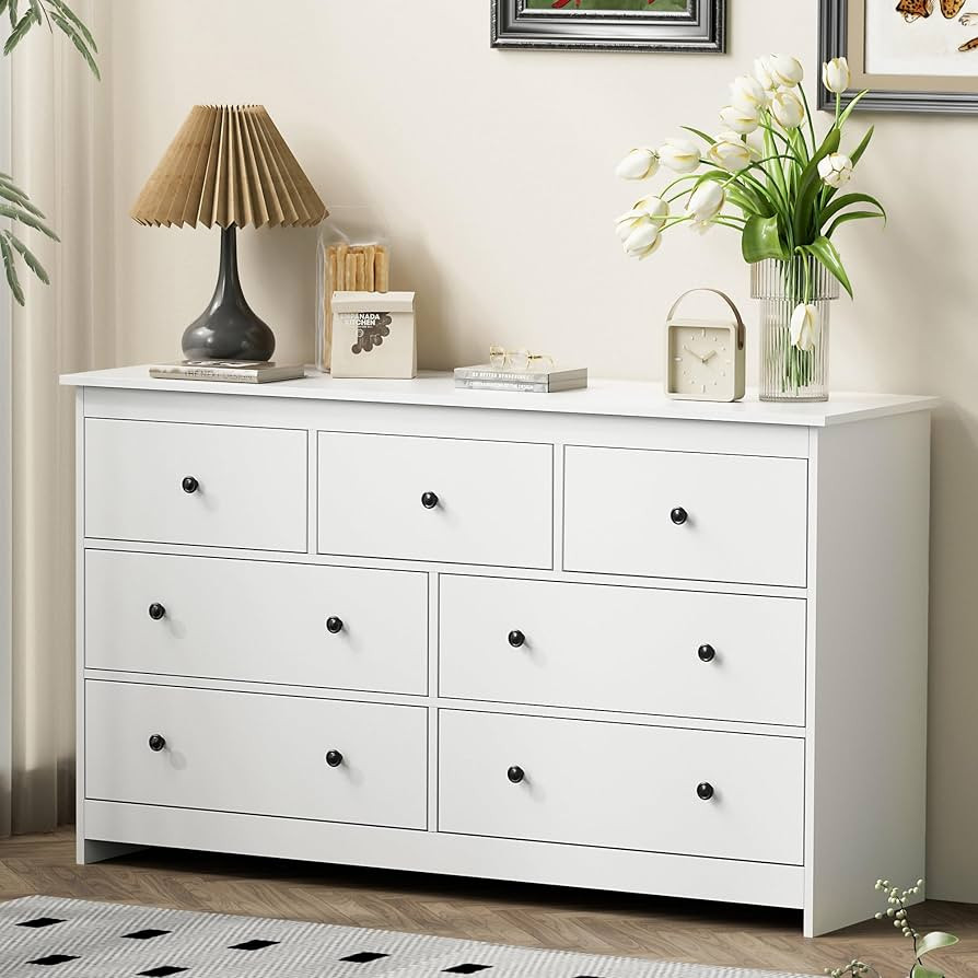 White 7 Drawer Dresser for Bedroom, 55'' Wide Wood Chest of Drawers with Metal Handles, Modern La... | Amazon (US)